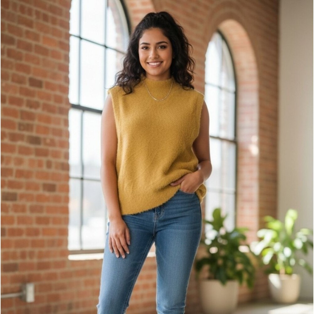 Bailey 44 Mustard Yellow Mock Neck Sleeveless Sweater Size L